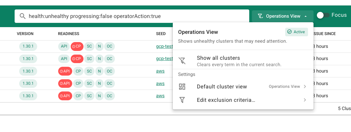 Operations View menu showing the active filters and the option to show all clusters